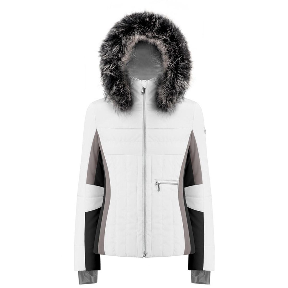 white ski coat with fur hood